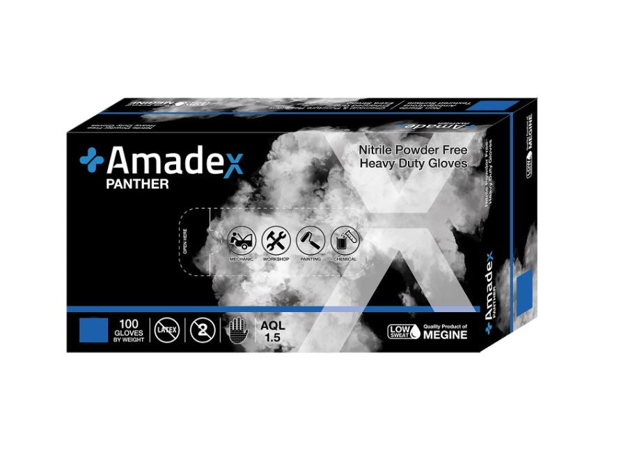 NITRILE DISPOSABLE GLOVES BLACK SIZE LARGE 100PCS POWDER FREE AMADEX PANTHER 100 PACK