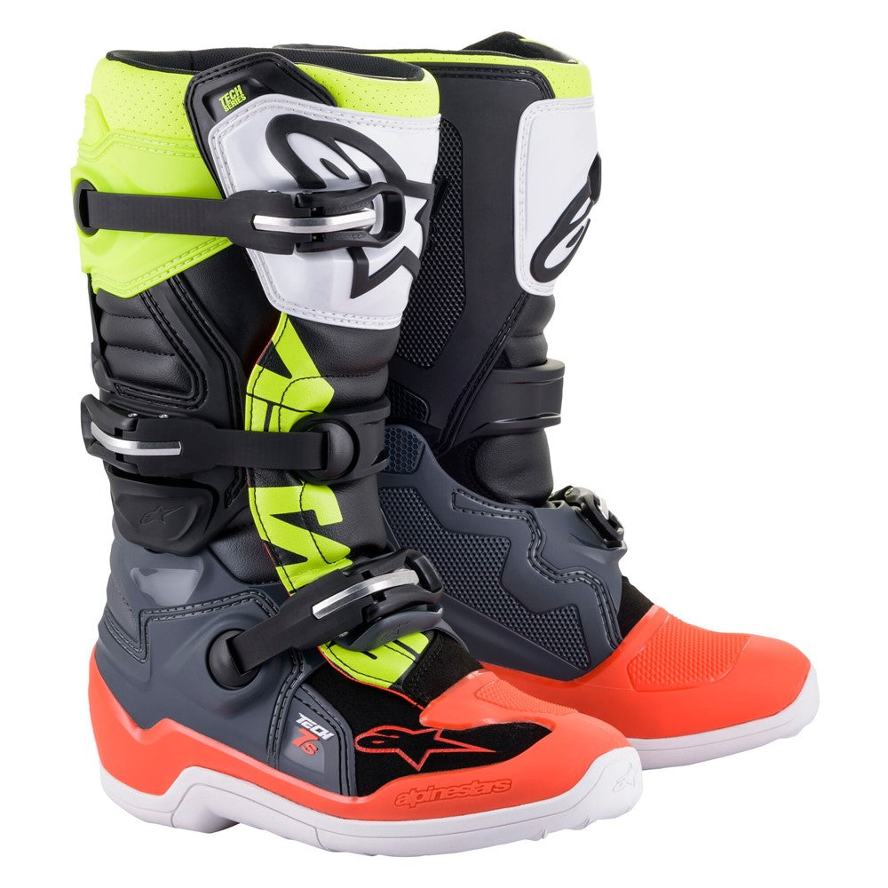 Tech-7S Youth MX Boots Dark Gray/Red Fluoro/Yellow Fluoro 7